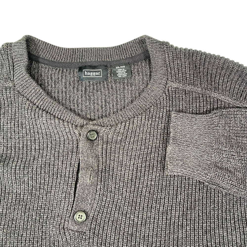 Haggar XXL Gray Henley Sweater Knit Long Sleeve Ribbed Trim Grandpa Core